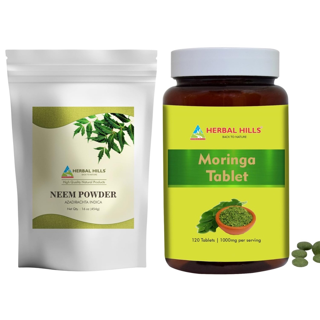 HERBAL HILLS Neem Leaf pulver og Moringa tabletter Shigru pakke med 2 Combo