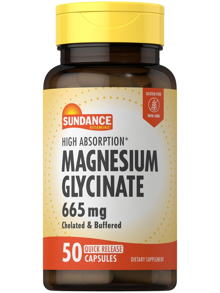 Sundance Magnesium Glycinate Kapsler | 665 mg | 50 Hurtigutgivelse piller | Ikke-GMO og Glutenfri Supplement