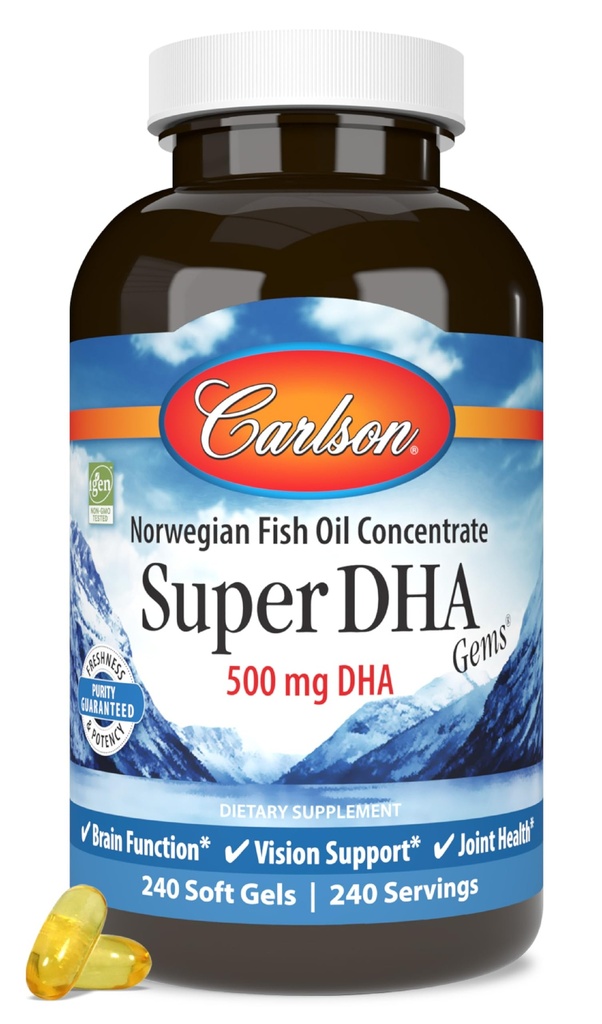 Carlson Super DHA Gems - 500 mg DHA Kosttilskudd, 640 mg fettsyrer, norsk fiskeoljekonsentrat, Wild-Caught, Sustainly Sourced Fish Oil Capsules, 240 Softgels
