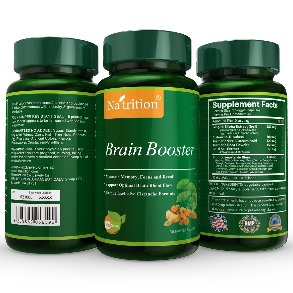 Natrition Brain Booster - Ginkgo Biloba, Turmeric, Cistanche Tubulosa, Fo-ti ekstrakt blanding - naturlig antioksidant støtte for hjernefunksjon - Klarhet, fokus og minneforbedring - 90 Veggie kapsler