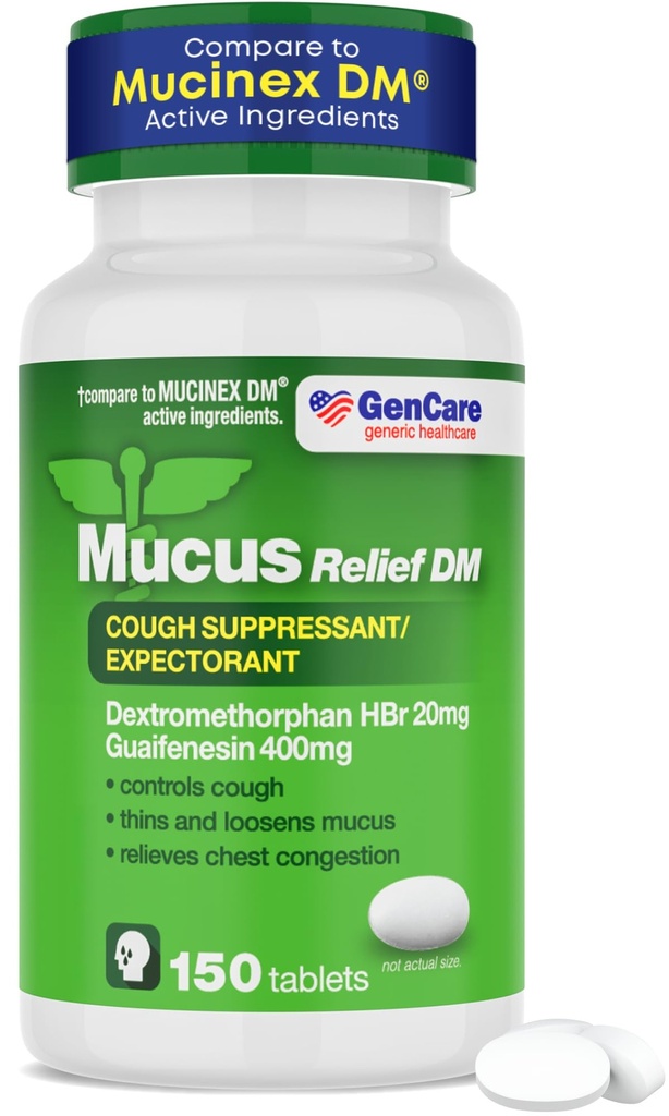GenCare - Mucus Relief DM (150 greveverdiflaske) Dextromethorphan HBr 20 mg Guaifenesin 400 mg | Generisk Mucus Relief DM | Umiddelbart frigjøring Uncashed Cough & Mucus Expectorant Pill