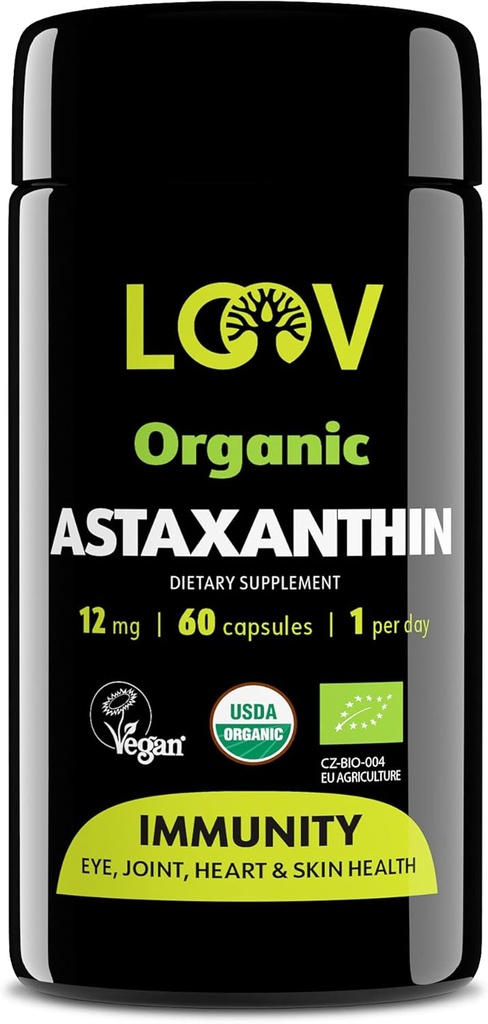 LOOV Naturlig organisk astaxanthin 12 mg – 60-dagers forsyning – Max styrke antioksidant – øye, ledd, hud, immunitet – fra mikroalgae – ikke-GMO, vegansk, bærekraftig