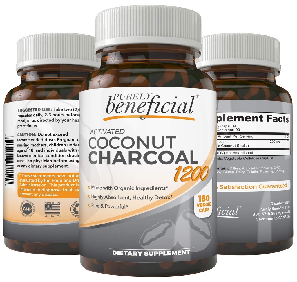 Aktivert kokos Charcoal 1200 mg, 180 kapsler - piller for Digestive System, Bloating, Vegan (1 Bottle)