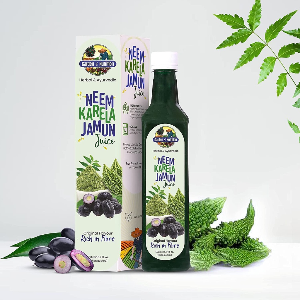 GARDEN AV NUTRITION Herbal og ayurvedisk Neem Karela Jamun Juice  Original Opprinnelig Flavor | Rik på Fiber | 100% ren Herbal Juice (500ml) Pakke med 1