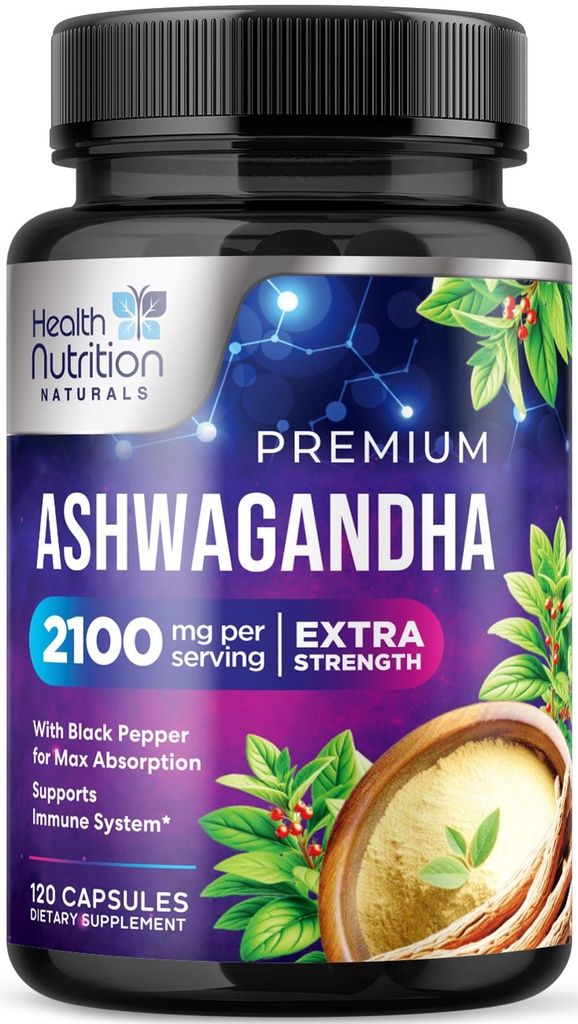 Ashwagandha Supplements - 2100mg Ashwagandha Capsule for kvinner og menn, Naturlig Antioksidant støtte, Ashwa Root Extract, Ekstra styrke rolig støtte med svart pepper, vegansk og glutenfri - 120 kapsler