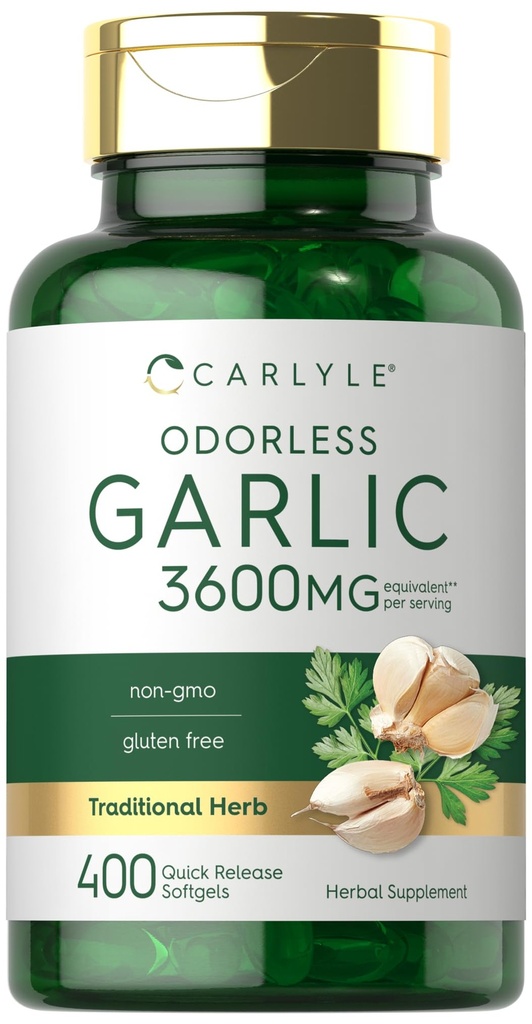 Carlyle Odorless hvitløk Softgels 3600 mg | 400 greve | Allium Sativum Bulb | Ikke GMO, Glutenfri kosttilskudd