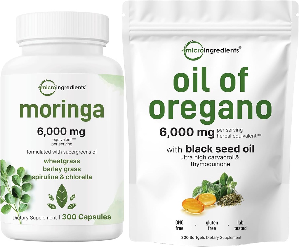 Mikroingredienser Olje av Oregano Softgels 300 greve og Moringa Oleifera 6.000mg Ekvivalente 300 kapsler Bundle 2 pakke | Carvatrol & Thymoquinon | Antioksidant Supplement