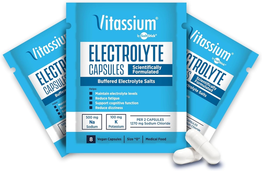 Vitassium Capsules, Electrolytes for diettbehandling av POTS syndrom symptomer (500 mg natrium - 100 mg kalium), 240 Buffered Salt Capsules
