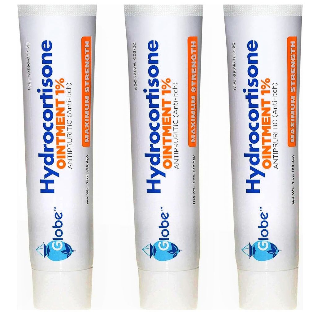(3 Pakke) Globe Hydrokortison Maksimal styrke gjennomsiktig øydeleggelse 1%,1 oz, Anti-kysk Temaell Ointment for rødhet, hevelse, kløe, utslit, Bug/Mosquito Bites, Eczema, hemorroider og mer