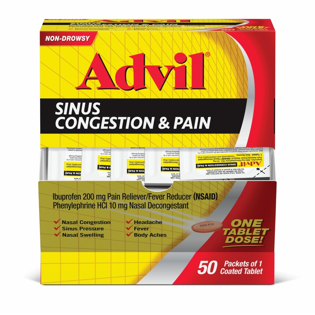 Advil Sinus Congestion og smerte, Sinus Relief Medisin, Smerte Relief og Feber Reduser med ibuprofen og Phenylephrine HCl - 50 belagte tabletter