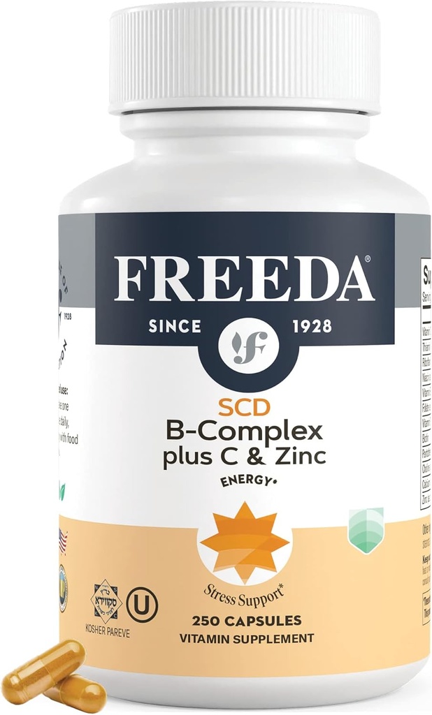 FREEDA komplett B-kompleks med vitamin C & Zink - SCD Legal Vitamin B-kompleks (B1, B2, B3, B6, B12) - 250 vegetariske kapsler, egnet for alle inkluderte SCD-diettfølgere, daglig helsestøtte