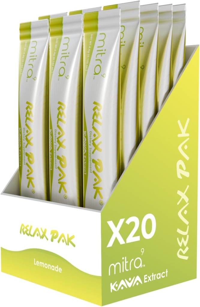 Mitra9 Kava Powder RelaxPak - Lemonade Kava Extract Powder Packets | Mood Enhancer | Plant Basert | Fremmer naturlig ro og klarhet | Easy Open Single-Serving Stick (20)