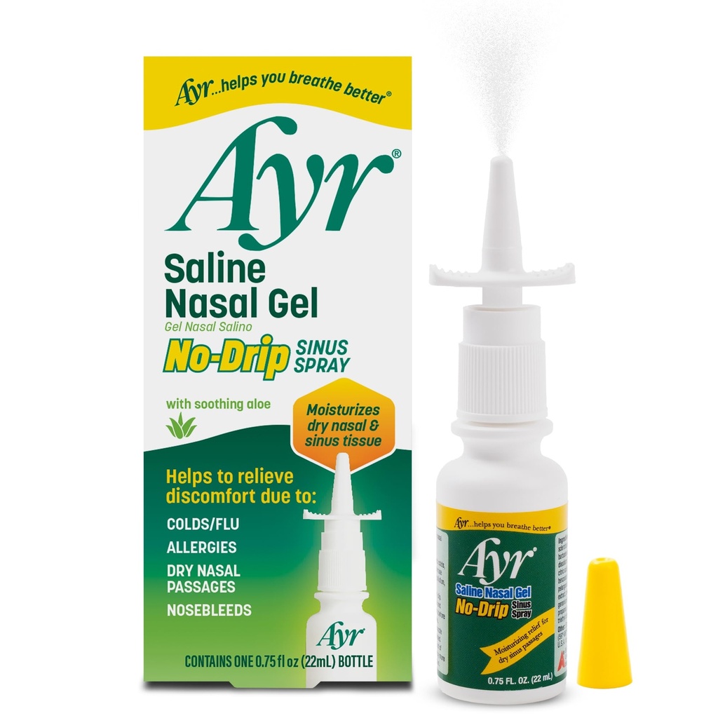 Ayr Saline Nasal Gel No-drep Sinus Spray Med Soothing Aloe Vera, 0,75 Fl Oz Spray Flaske, (pakke med 1)