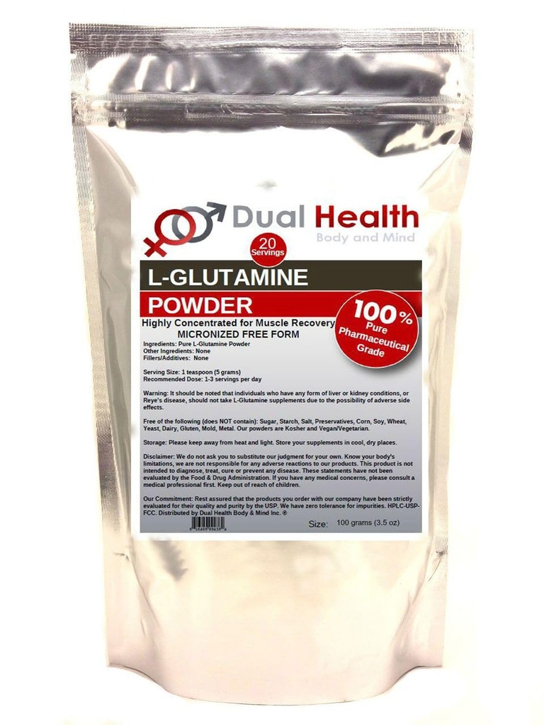 L-Glutamine (100 gram -3,5 oz) Rent pulver 5000mg gratis skjema bulk kosttilskudd, laget i USA, Immune Digestion GI støtte Leaky Gut Helse Muskel energi Stamina utholdenhet styrke