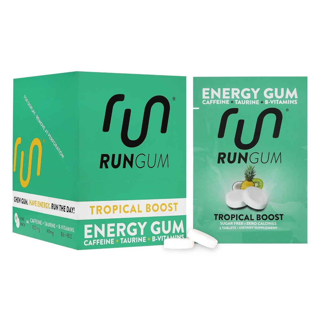 RUN GUM Tropisk Boost Energi Chewing Gum 50mg Koffein Taurin & B-Vitamins Per Piece, 24 stykker (pakke med 12) Sukkerfri, Zero Calorie, Ingen Aspartam, og Glutenfri, 1 ea