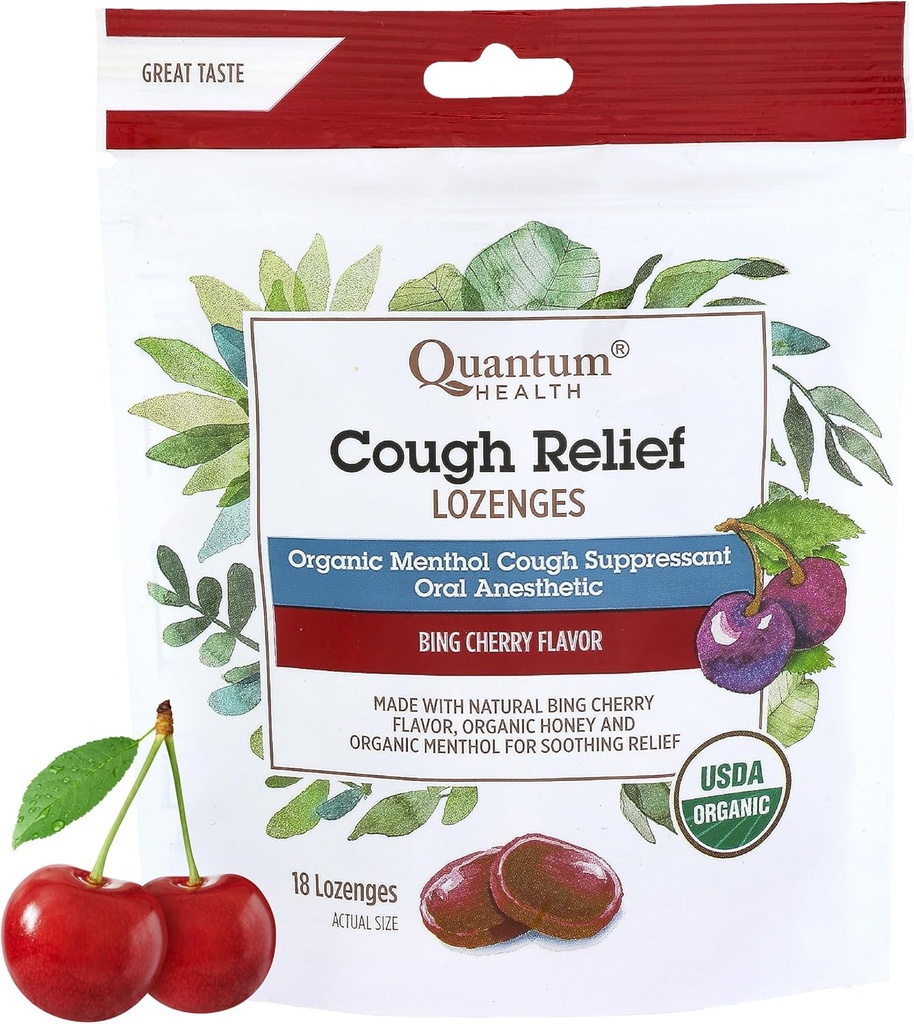 Quantum Helse USDA Organic Cough Drops Menthol & Honning Throat Lozenges - Soothing Bing Cherry Flavored Suppressant - Tørr munn & Sore Throat Relief for voksne og barn - 18 greve