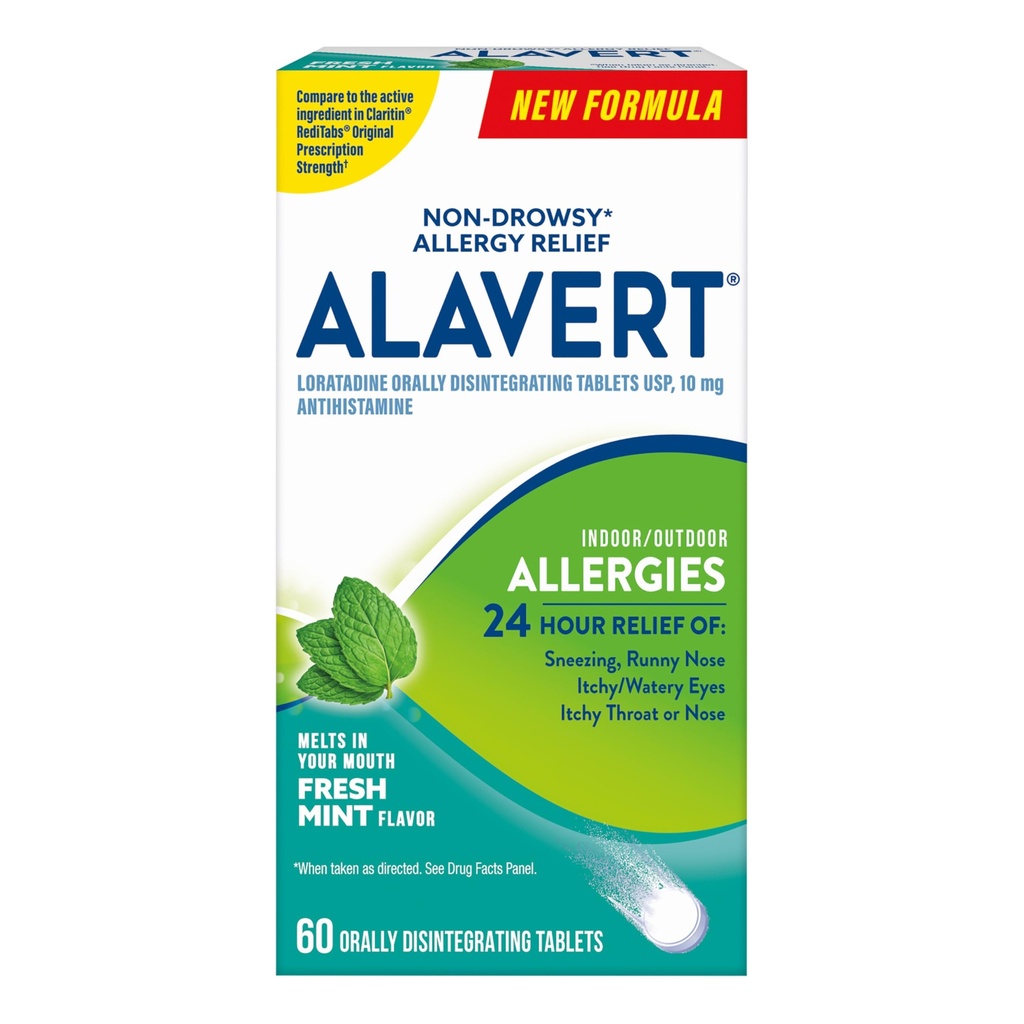 Alavert Allergi 24 timers relief, ferske mintflavor, oralt desintegrere allergi tabletter, ikke-drowsy antihistamine, Loratadin 10 mg, 60 greve