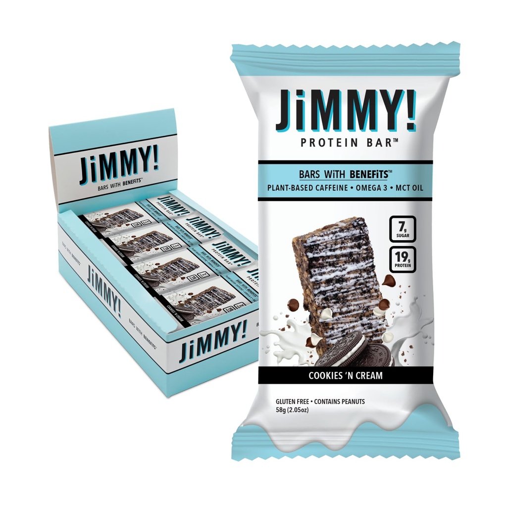 JiMMYBAR! - Cookies N Cream Protein Bars 19g Protein Bar - 7g Lav Sukker - 12 Tell - 58g Helse Barer - Funksjonell Snack med ekte mat ingredienser - håndskjørt sjokolade - laget med ekte peanuts