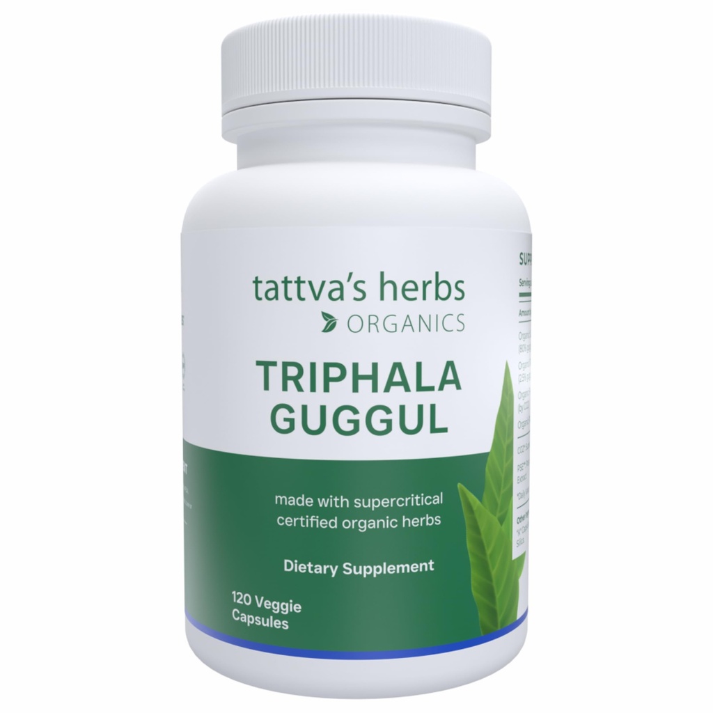 Tattvas Herbs Triphala Guggul Herbal Supplement, Ayurveda Herbal Supplement, Digestiv helse og støtte, Organic Triphala Capsules, 120 Count, 25 års Premium Service
