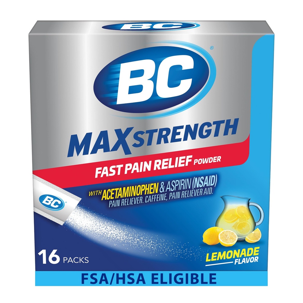 BC MAX Styrke Rask smerte relief pulver, Lemonade Flavor Aspirin 500 mg og Acetaminophen 500 mg oppløsning pakker, 16 teller