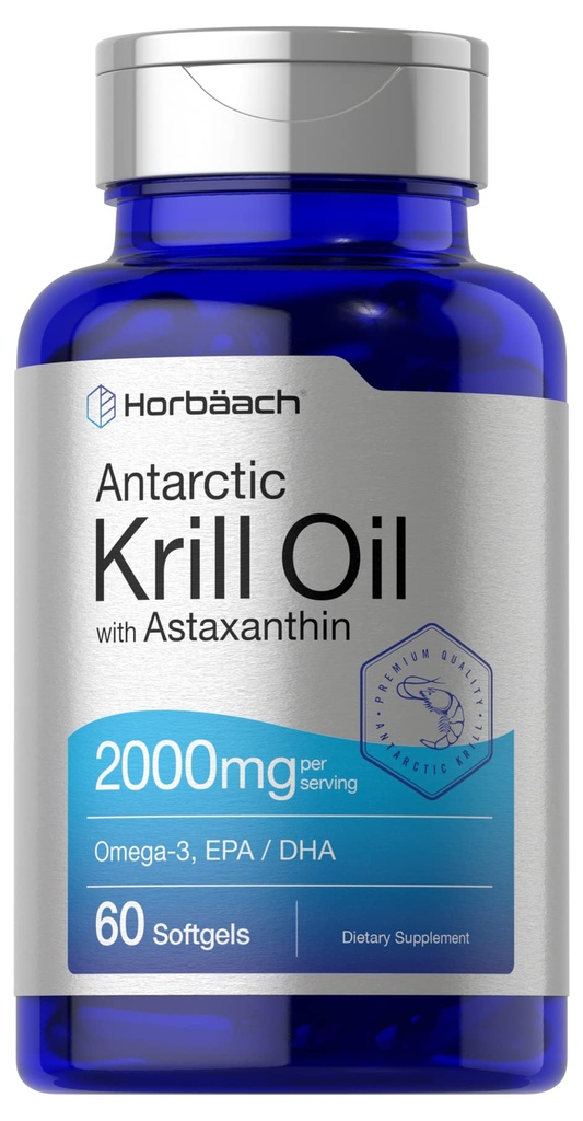 Horbäach Antarctic Krill Oil 2000mg | 60 Softgel Kapsler | Omega-3, EPA, DHA Supplement | med Astaxanthin | Ikke-GMO, Glutenfri