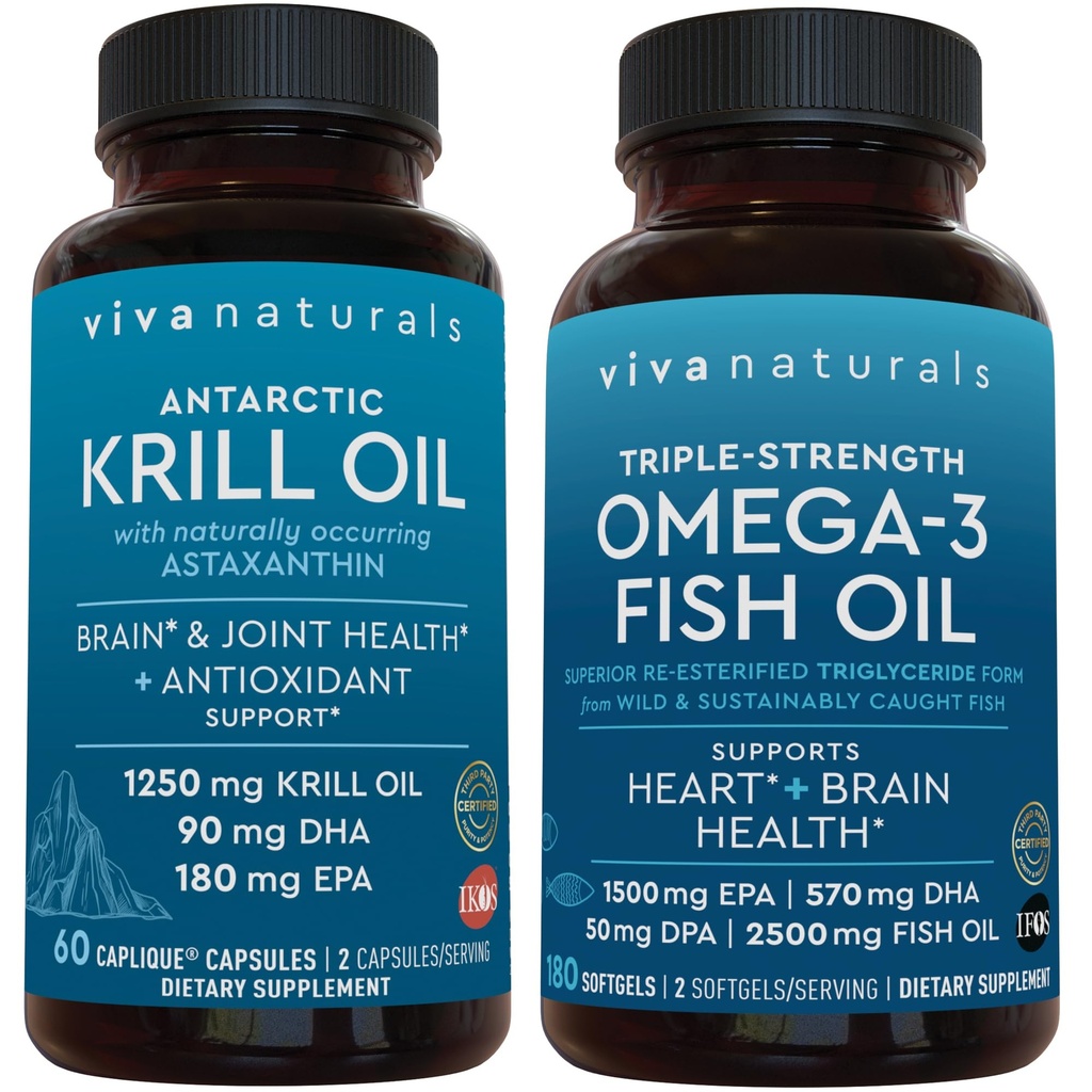 Antarctic krill olje og trippel-styrke Omega 3 Fish Oil Bundle, 1250 mg krillolje og 2,200 mg fiskolje per servering gir Omega 3 EPA og DHA
