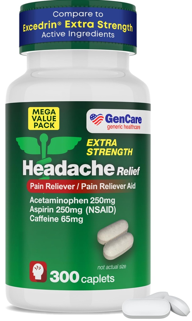 GenCare - hodepine Relief Acetaminophen med aspirin (NSAID) & koffein (300 kapler) Verdipakke | hodesmerter, muskelsmerter, ryggsmerter og kropp | Generisk