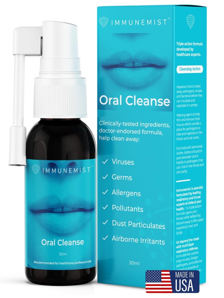 ImmuneMistTM Oral Cleanse - Iodine Throat Spray for Cold & Flue Relief - Oral Sore Throat Spray for Cough, rengjøring mot bakterier, Germs, Viruss - Immunstøtte opp til 250 doser - laget i USA