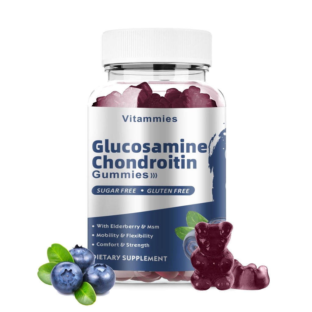 Glucosamine Chondroitin Gummies med MSM & Elderberry ekstra styrke - Felles støtte, antioksidant immun støtte Supplement for voksne, menn og kvinner Mineraler, koenzym Q10, DHA- 60 Blåbær Gummies