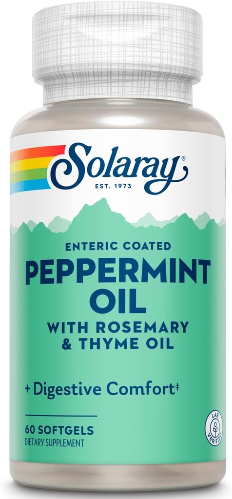Solaray Peppermynte Olje Enteric Coated w/Rosemary & Thime Oil | Sunn, Soothing Digestion Support ® 60 Softgels