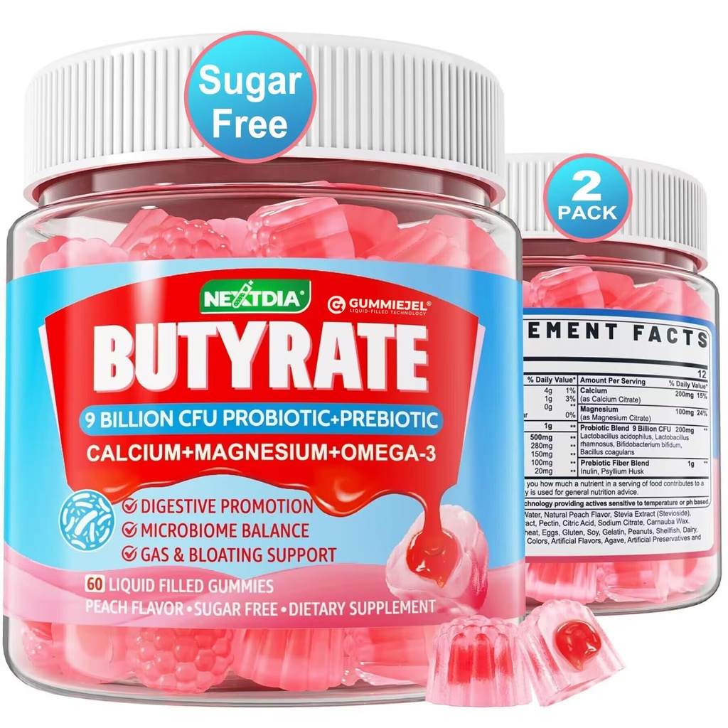 Butyrat Gummier med Probiotic + Prebiotic + Postbiotic, Omega-3 500mg,9 milliarder CFU Probiotika med Fiber, Kalsium og magnesium, Inulin,Psyllium Husk for Digestive Helse,Bloating Support,Sugar Gratis
