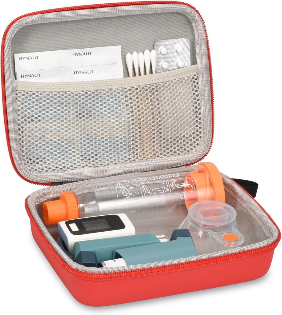 Hard reise sak for Astma Inhaler og tilbehør, med Mesh Pocket for medisin, rød