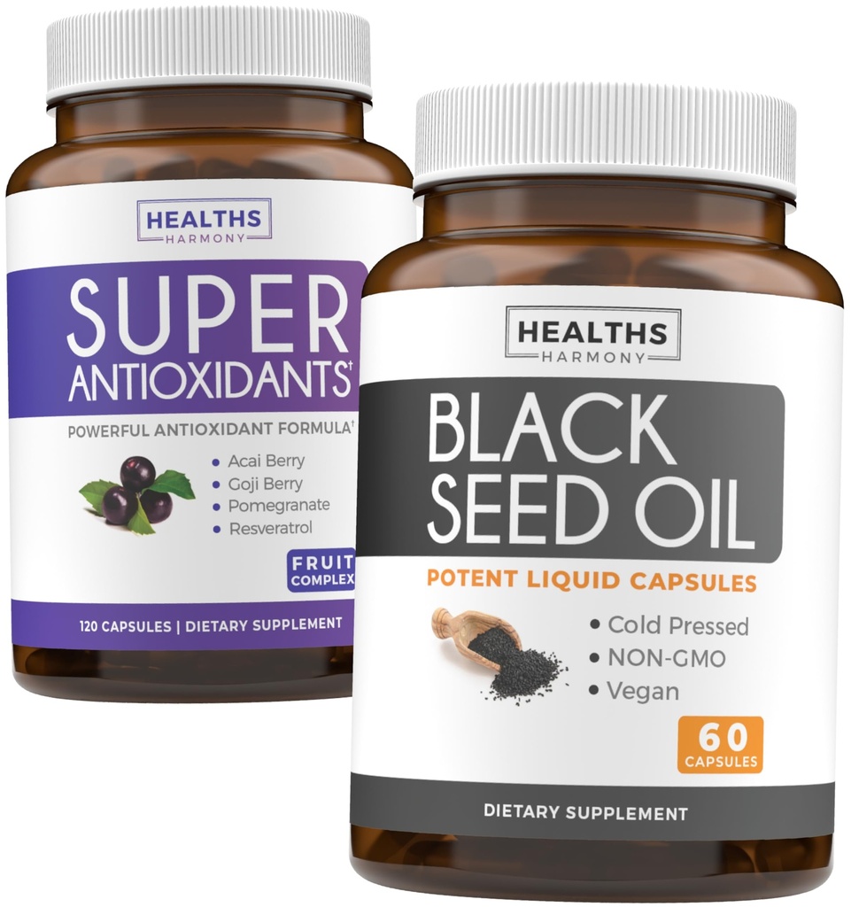 Antioksidanter & svart frøolje (1-måneders forsyning) Super Antioksidant Supplement med Acai Berry, Goji Berry, Pomegranate & Trans Resveratrol (120 kapsler) & Black Seed Oil (Non-GMO & Vegan) 60 kapsler