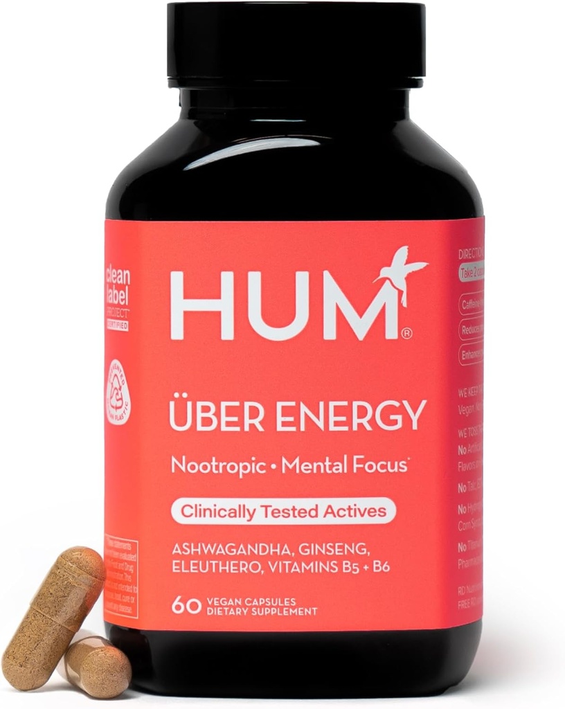 HUM Uber Energi Adrenal energi støtte Supplement med Ashwagandha Root, Ginseng, B vitaminer, vitamin B6, B5, og Adaptogens, Kosttilskudd for Adrenal tretthet støtte, 60 Vegan Kapsler