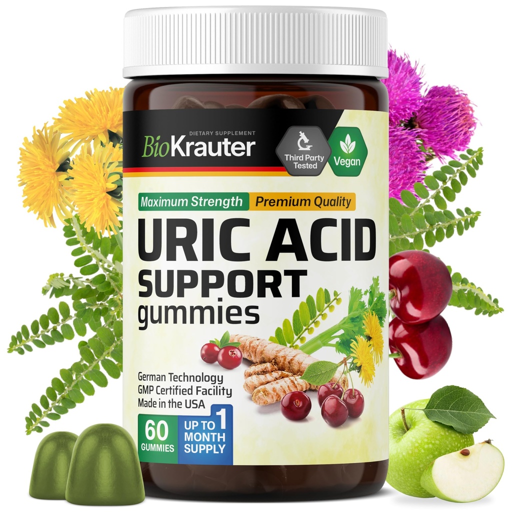 BIO KRAUTER Uric Acid Support Gummies - 60 Vegan Chews - Uric Acid Support m/Tart Cherry & Chanca Piedra 4:1 Ekstrakter - Naturlig Nyre Supplement w/Milk Thistle og Turmeric