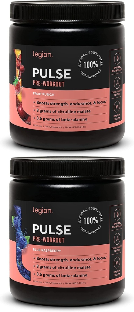 LEGION Pulse For Trening Supplement - Alle naturlige nitric Oxid Preworkout Drink å øke energi, Kreatinfri, naturlig søtet, Beta Alanine, Citrullin, Alpha GPC (Fruit Punch og blå bringebær)