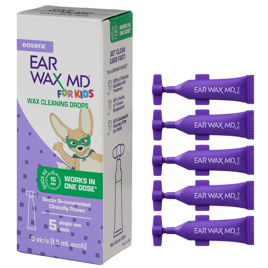 eosera® Øre Voks MD® for barn - Ear Wax rengjøringsdråper, 5pk vialer | Rask aksjon | Breaks Down & Dissolves Ear Wax i så lite som 1 behandling | klinisk bevist | Gentle & Safe Jeg for barn i alder 2+