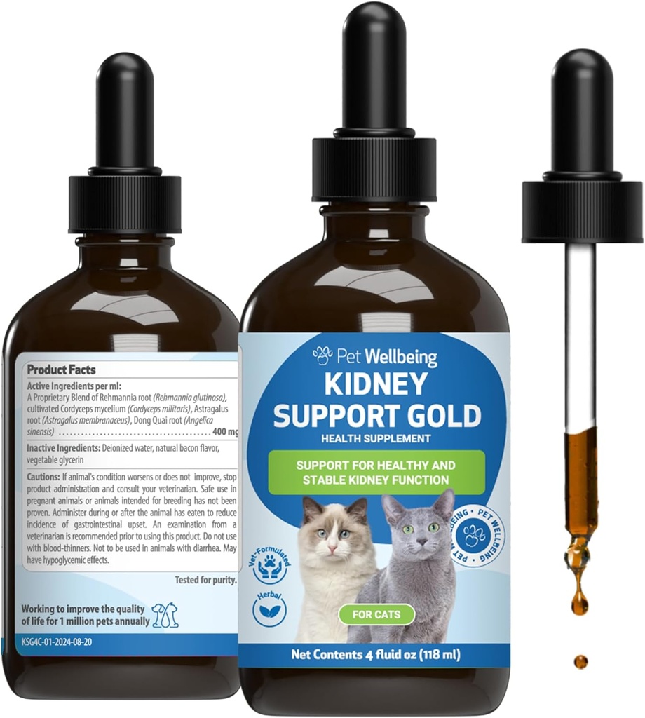 Kjæledyr velvære Nyre støtter gull for katter - støtter sunn nyrefunksjon, flytende balanse, energinivå, Rehmannia, Dong Quai - Veterinærformulert Herbal Supplement 4 oz (118 ml)