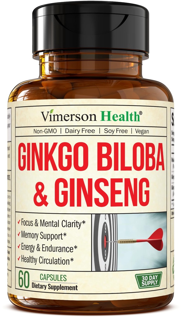 Asiatisk Ginseng og Ginkgo Biloba Kosttilskudd - Panax Ginseng Extract 700mg + Ginko Biloba 720mg - Nootropisk Brain Supplement for minne, fokus og frigjørende energi - 60 Easy-to-Swallow Kapsler