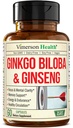 Asiatisk Ginseng og Ginkgo Biloba Kosttilskudd - Panax Ginseng Extract 700mg + Ginko Biloba 720mg - Nootropisk Brain Supplement for minne, fokus og frigjørende energi - 60 Easy-to-Swallow Kapsler