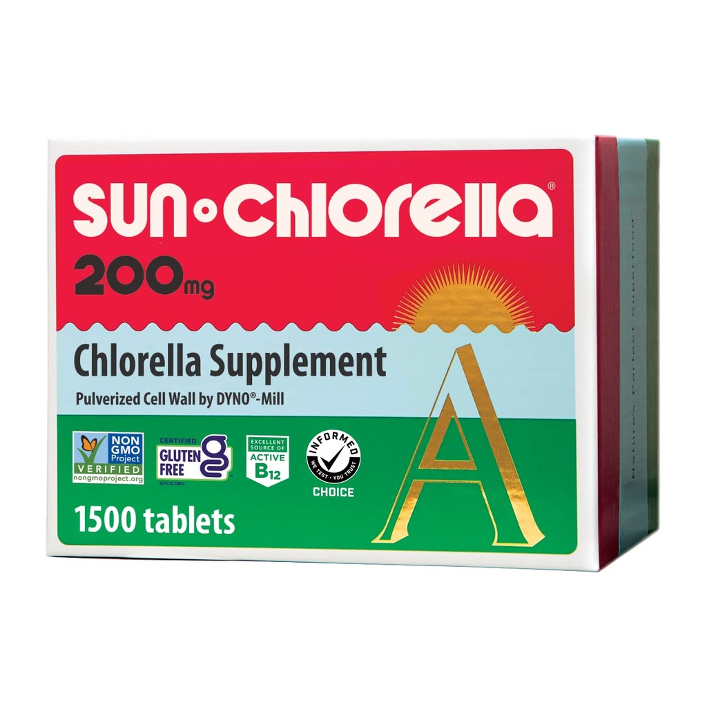 Sun Chlorella 200 mg Grønn Algae Superfood Supplement - Pulverisert cellevegg - Klorofyll, CGF, aktiv B12, jern, protein - Ikke-GMO - 1500 Tabletter