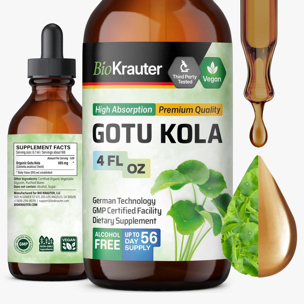BIO KRAUTER Gotu Kola Tinktur - Centella Asiatica ekstrakt - alkohol og sukker gratis Gotu Kola ekstrakt - Vegan Drops 4 Fl.Oz.