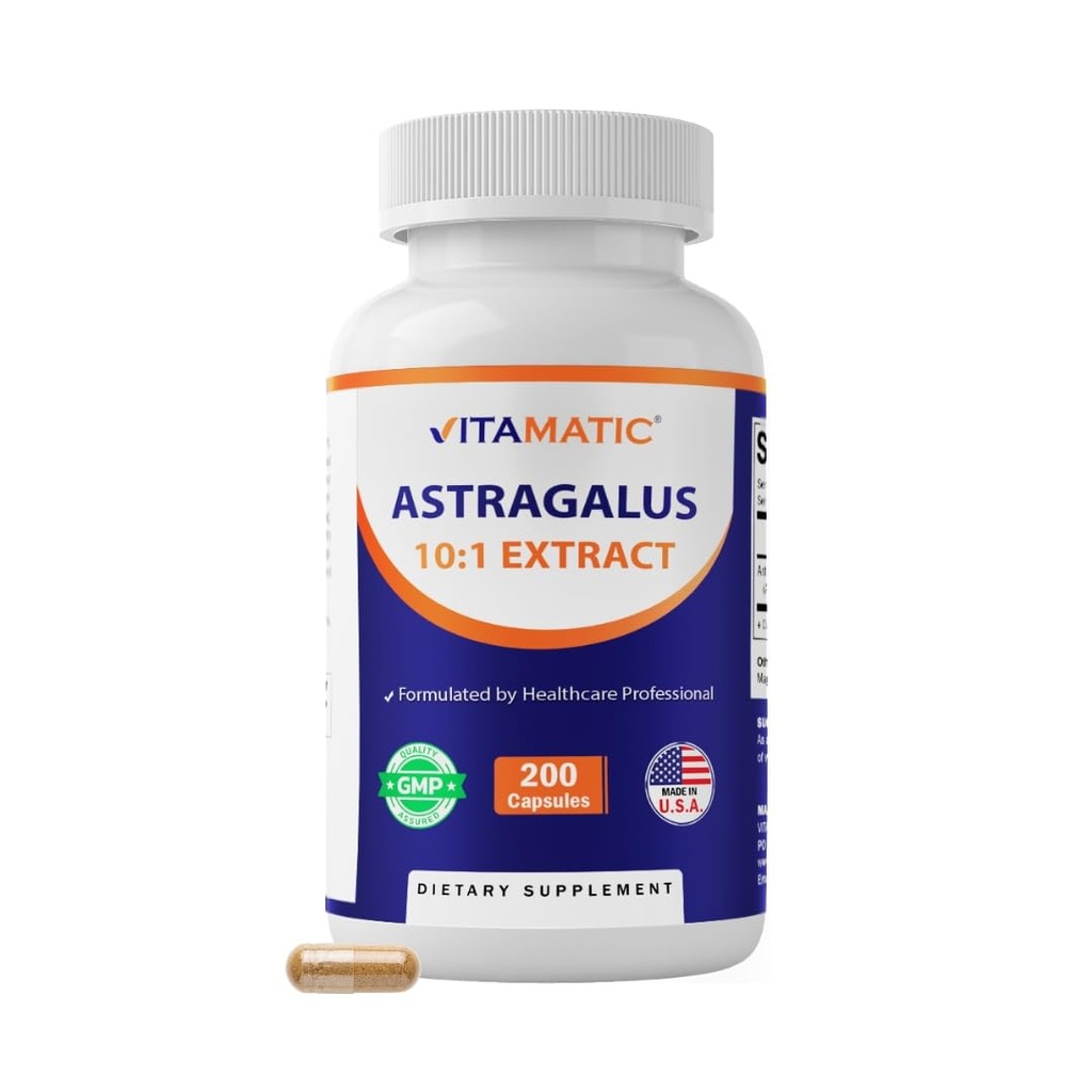 Vitamatic Astragalus Kapsler 200 Veg Kapsler - 10:1 Astragalus Extract 500 mg - Ikke-GMO, Glutenfri