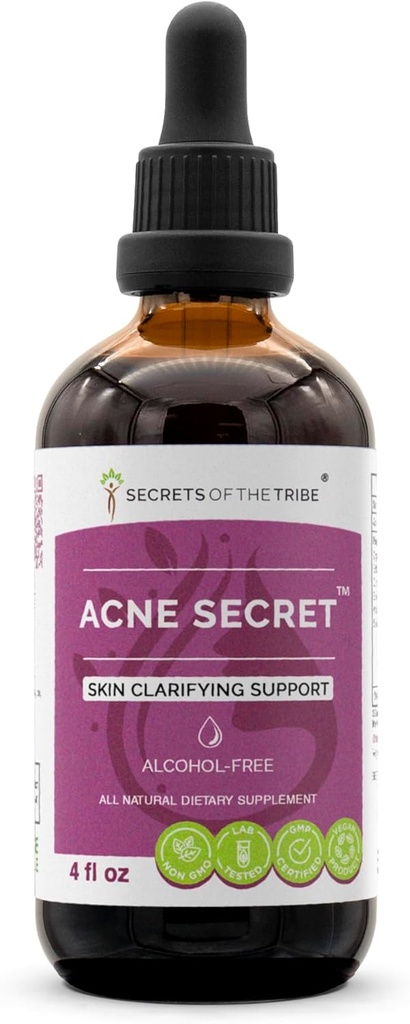 Hemmeligheter av Tribe Acne Secret alkohol-fri ekstrakt, Tinktur, Glycerite Boldo, Corn Silk, Stinging Nettle Leaf, Alfafa, Senna Leaf. Hudklaringsstøtte (4 Fl Oz)