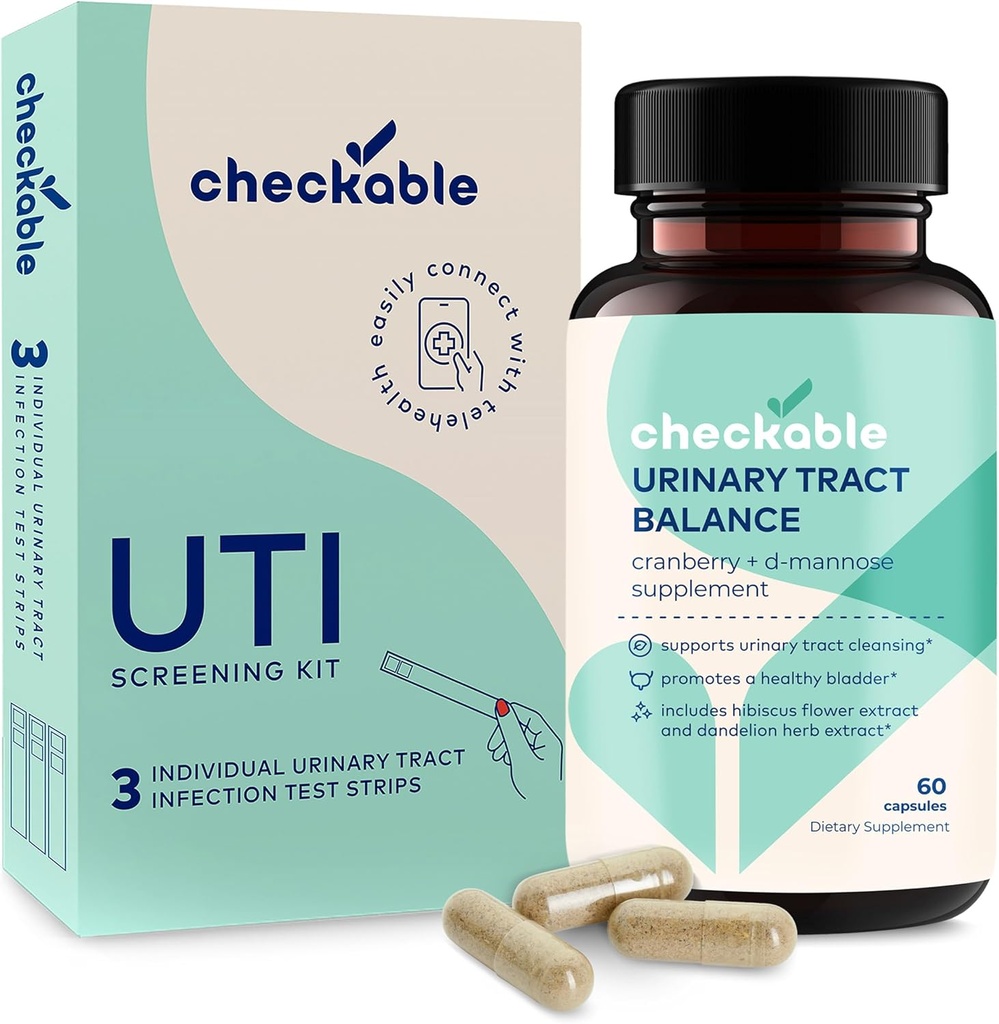 Checkable® Urin Tract Infection Screening Strips (3ct) og kontrollerbare D-Mannose UTI Supplements (60ct) Combo Pack