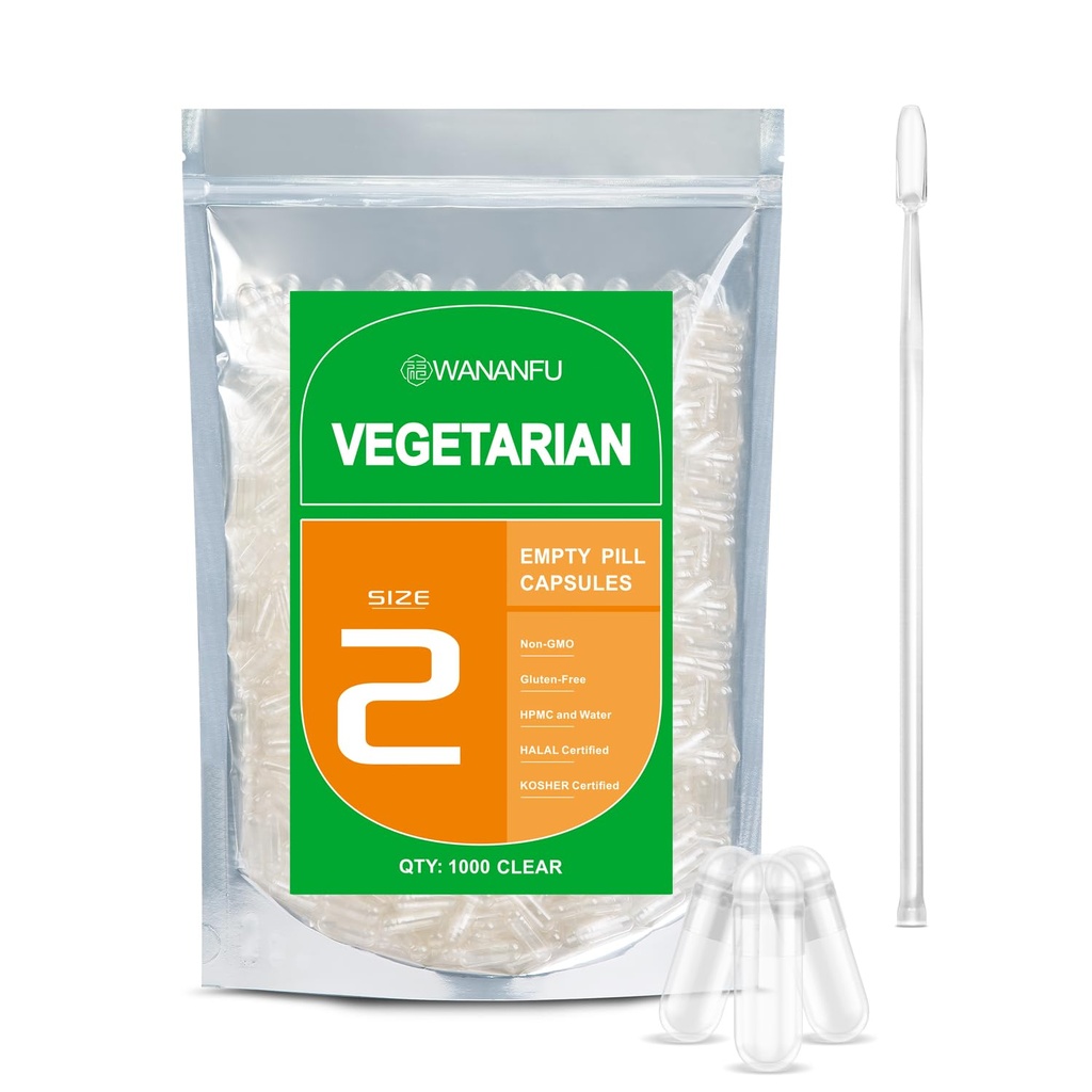 wananfu Størrelse 2 tommer kapsler vegetarisk (500 greve) bunke med 2 Micro Lab Spoons, ren fyllelige veggie piller størrelse 2 for å lage dine egne kosttilskudd