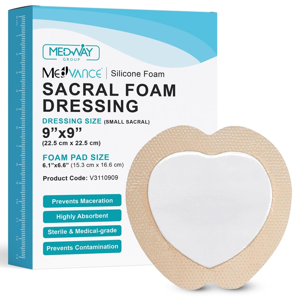 MedVance TM silikon - Sacrel Bordered Silikone Adhesive Foam sår kjole, seng Sore behandling bandasje for sakrum, størrelse 9"x 9" (6,1" Pad x 6.6" Pad), boks med 5 dressing
