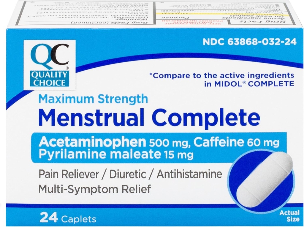 Quality Choice Menstrual Komplett Max Styrke Periode smertelindring, 500 mg Acetaminophen, 60 mg koffein, 15 mg Pyrylamin Maleate, Cramps, Bloating, hodepine. 24 greve.