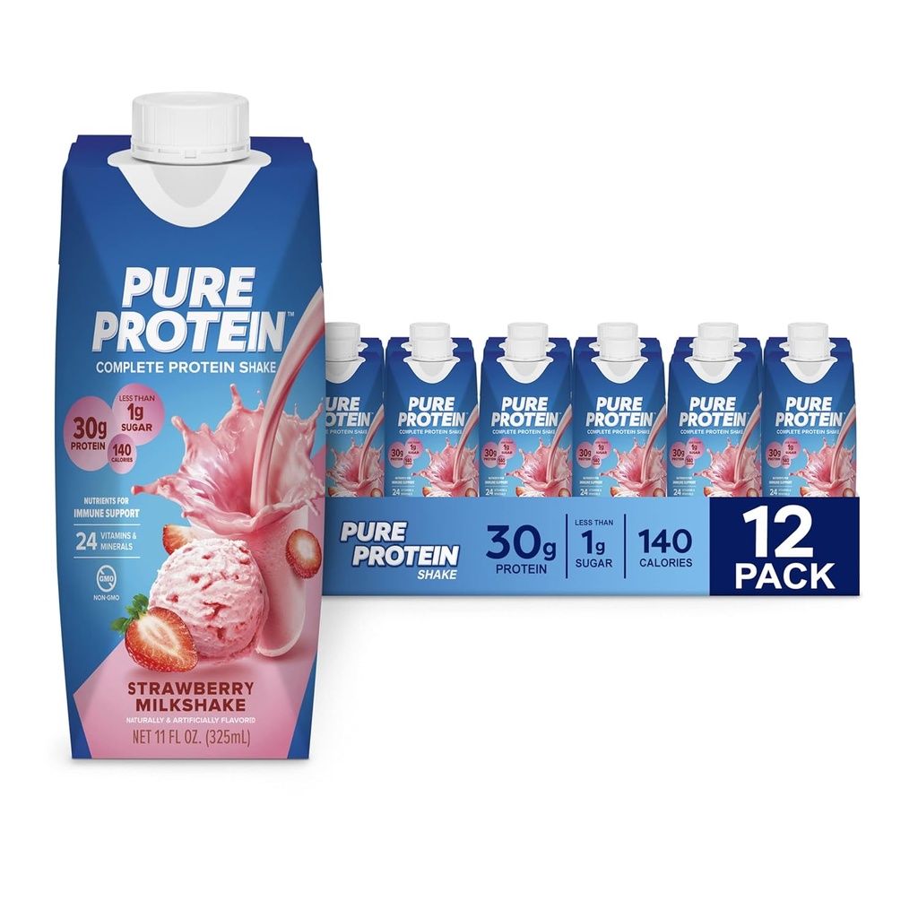 Rent protein Jordbær proteinshake, 30g komplett protein, klar til å drikke og keto-vennlig, vitaminer A, C, D, og E pluss sink for å støtte immunhelse, 11oz flasker, 12 Pack