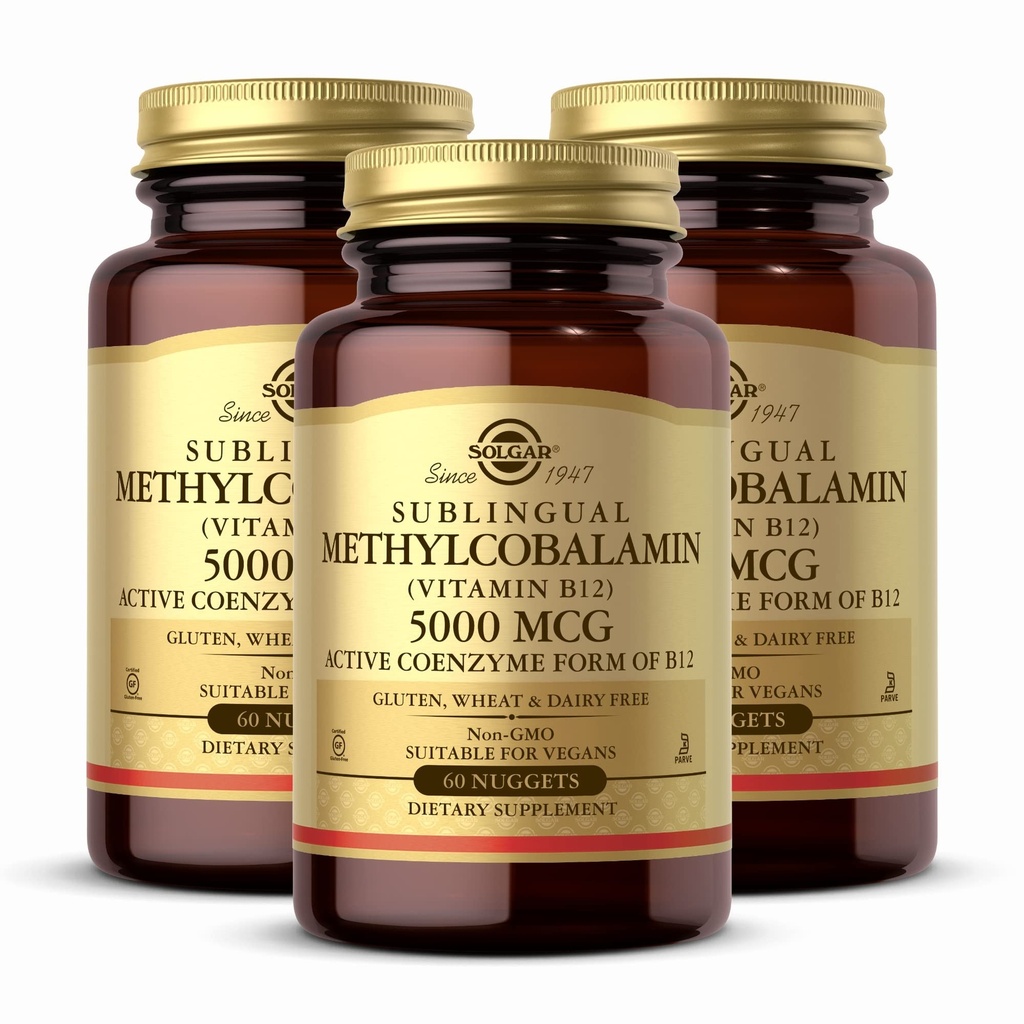 Solgar Methylcobalamin (Vitamin B12) 5000 mg, 60 nuggets (Pack of 3) - Cherry Flavor - Støtter energimetabolisme - Body-Ready, Active Form - Non-GMO, Vegan, Glutenfri - 180 Total Services